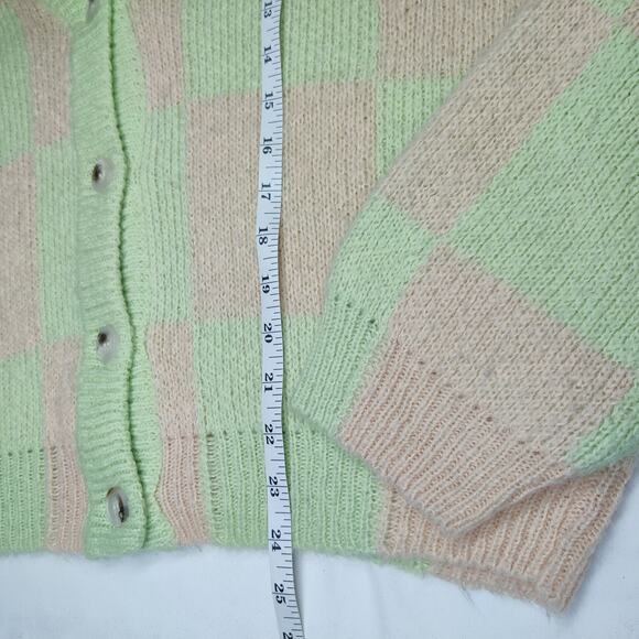 Stine Goya Amara Checker Pastel Green Peach Alpaca Knit Cardigan Sweater Medium - Picture 14 of 15